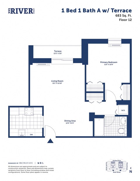 this image shows a floor plan of a 1 bed 1 bath apartment